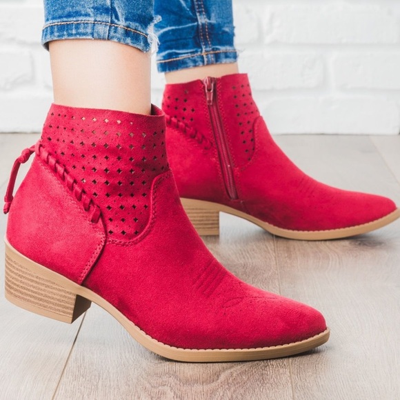 Soda Shoes - RESTOCKED Soda red perforated western ankle bootie